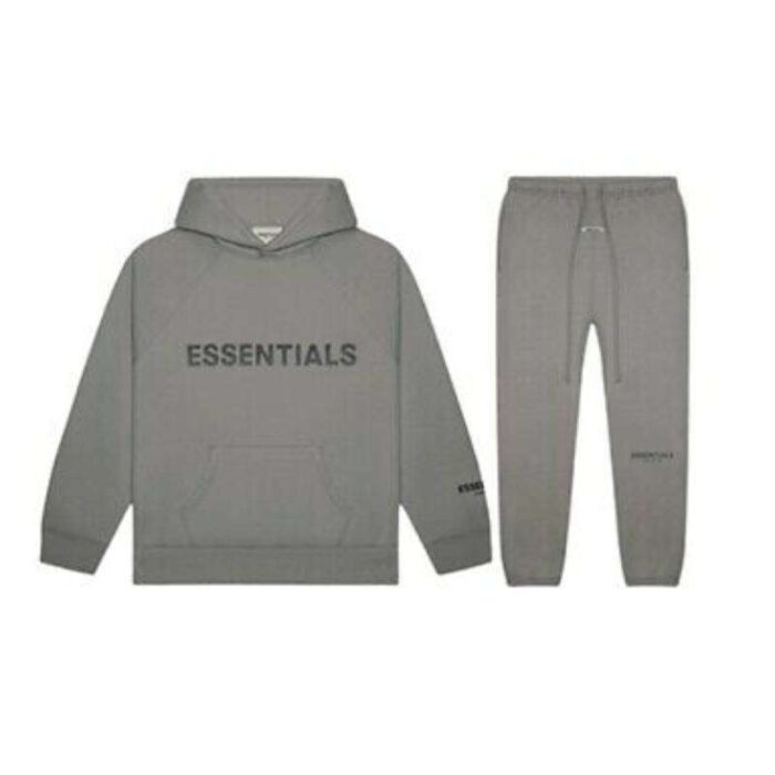 Essential Fear Of God Gray Tracksuit: A fashionable gray tracksuit from the Fear of God collection, perfect for a stylish look.